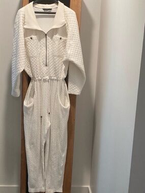 Cream Quilted Long-Sleeve Jumpsuit with Drawstring Waist